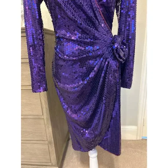 Tadashi | Vintage Purple Sequined Dress with Rhinestone Adorn Flower | 6 - Picture 8 of 15